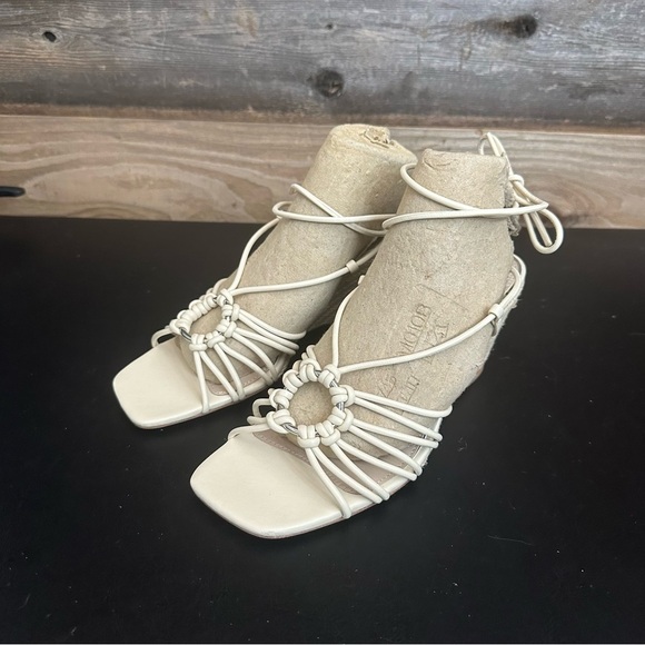 PAIGE Espadrille Sandals Size 8 Beige Leather Slip On Ankle Tie Wedge Heels - Picture 1 of 10